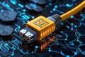 Close-up of a yellow network cable connected to a digital circuit board, symbolizing modern technology and data transfer Royalty Free Stock Photo