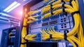 Close up of yellow network cables connected to server rack in data center Royalty Free Stock Photo