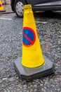 Close up of yellow no waiting traffic cone Wigan Lancashire July 2019