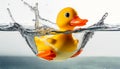 Yellow and Orange Rubber Toy Duck Splashing in Water - Generative Ai Royalty Free Stock Photo