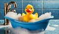 Rubber Toy Duck Taking a Bath in a Blue Bathtub - Generative Ai