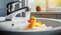 Rubber Toy Duck Taking a Bath in a White Sink - Generative Ai Royalty Free Stock Photo