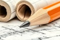 Close-up of a yellow pencil with blueprints, showcasing the precision of technical drawings and architectural design processes Royalty Free Stock Photo