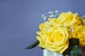 Close up yellow roses bunch bouquet on blue grey background. Romantic love valentines day celebration gift, floral decoration.