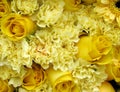 Close up of yellow roses, carnations and gerbera background