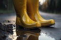 Close-up of yellow rubber boots standing in a puddle