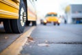 close up of yellow school bus wheels on asphalt Royalty Free Stock Photo