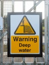 Close up yellow sign at dock warning deep water Royalty Free Stock Photo