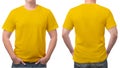 Close up yellow t-shirt cotton man pattern isolated on white