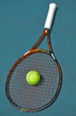 Close up of a tennis racket and a ball resting on the surface of a tennis court