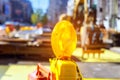 Close up of yellow warning orange construction light on barricade intended to warn a construction site. Royalty Free Stock Photo