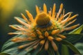 close up of yellow zinnia flower in the garden at sunset. generative ai