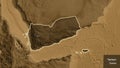 Yemen border shape overlay. Glowed. Sepia elevation. Labels Royalty Free Stock Photo