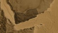 Yemen border shape overlay. Outlined. Sepia elevation. Royalty Free Stock Photo