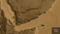 Shape of Yemen. Bevelled. Sepia elevation. Labels Royalty Free Stock Photo