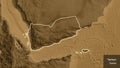 Shape of Yemen. Glowed. Sepia elevation. Labels Royalty Free Stock Photo