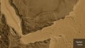Shape of Yemen. Outlined. Sepia elevation. Labels Royalty Free Stock Photo