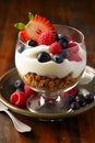 Close-up yogurt parfait in a glass with creamy yogurt, crunchy granola, and a mix of ripe berries