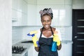 Portrait young african woman using spray to wipe windows glass Royalty Free Stock Photo