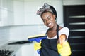 Portrait young african woman using spray to wipe windows glass Royalty Free Stock Photo