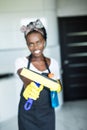 Portrait young african woman using spray to wipe windows glass Royalty Free Stock Photo