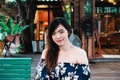 Close up of young Asian woman in the restaurant. Royalty Free Stock Photo