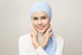 Close up of young beautiful muslim woman with hijab isolated on white background studio, muslim beauty skin care concept Royalty Free Stock Photo