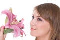 Close up of young beautiful woman with flower Royalty Free Stock Photo