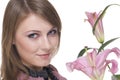 Close up of young beautiful woman with flower Royalty Free Stock Photo