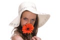 Close up young beautiful woman with hat and flower Royalty Free Stock Photo