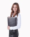 Close-up Of Young Business Woman With Clipboard Isolated On White
