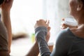 Close up young caucasian man holding hand beloved woman. Royalty Free Stock Photo