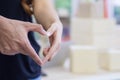 Close-up of a young couple making a heart shape with hands. Space for text. Concept of celebrating Valentine`s Day Royalty Free Stock Photo