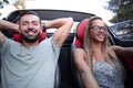 Close up.young couple travelling by car Royalty Free Stock Photo