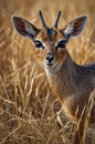 Kirk\'s Dik-Dik Portrait Amidst Golden Grass in the African Savanna Wildlife Royalty Free Stock Photo