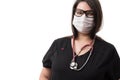 Close up of a young female doctor in a black uniform and a mask wearing a stethoscope, isolated on white background Royalty Free Stock Photo