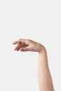 Close up young female hand tired gesture on white. Royalty Free Stock Photo