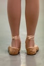 Close-up of young girl pre-pointe in ballet school class with rolled ankles - in incorrect ballet first 1st position Royalty Free Stock Photo