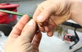 Close-up of a young hand of a Caucasian male fisherman stringing a maggot on a fishing rod hook against the backdrop of a pond.