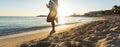 Close up of young healthy lifestyle fitness woman running at sunrise beach Royalty Free Stock Photo