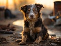 Close-up of young homeless Australian Shepherd puppy with muddy paws lying down. Rescue, care of homeless animals. Shelters,