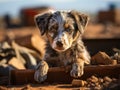 Close-up of young homeless Australian Shepherd puppy with muddy paws lying down. Rescue, care of homeless animals. Shelters,