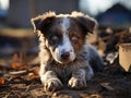 Close-up of young homeless Australian Shepherd puppy with muddy paws lying down. Rescue, care of homeless animals. Shelters,