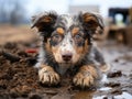 Close-up of young homeless Australian Shepherd puppy with muddy paws lying down. Rescue, care of homeless animals. Shelters,