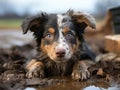 Close-up of young homeless Australian Shepherd puppy with muddy paws lying down. Rescue, care of homeless animals. Shelters,