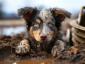 Close-up of young homeless Australian Shepherd puppy with muddy paws lying down. Rescue, care of homeless animals. Shelters,