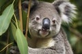 close-up of a young koala bear (Phascolarctos cinereus) on a tree eating eucalypt leaves Royalty Free Stock Photo