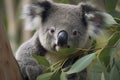 close-up of a young koala bear (Phascolarctos cinereus) on a tree eating eucalypt leaves Royalty Free Stock Photo