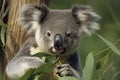 close-up of a young koala bear (Phascolarctos cinereus) on a tree eating eucalypt leaves Royalty Free Stock Photo