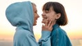 Close up of young loving lesbian couple having fun, going to kiss, Two women enjoying romantic moments together at Royalty Free Stock Photo